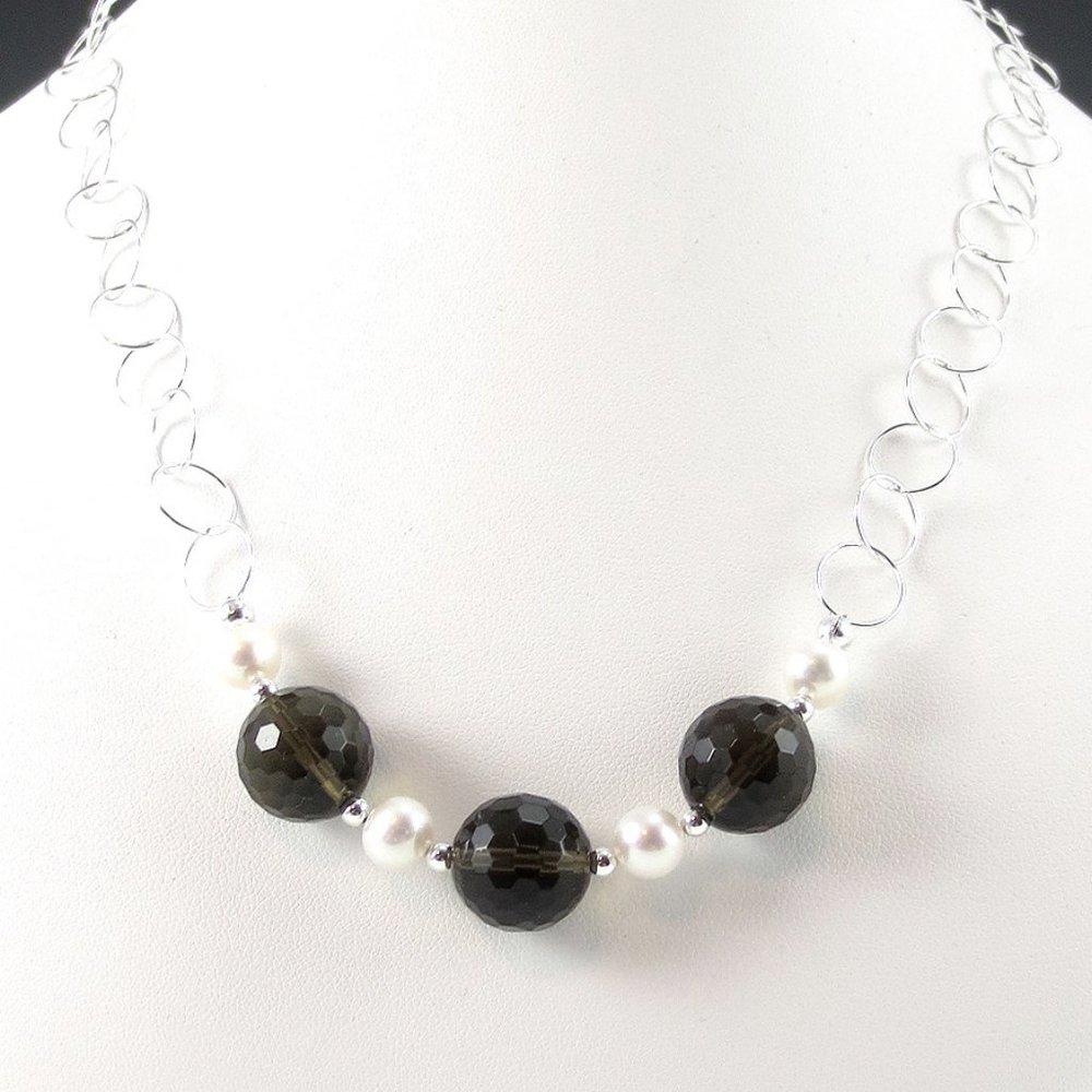 Smoky Quartz, Pearl, and Sterling Silver Necklace